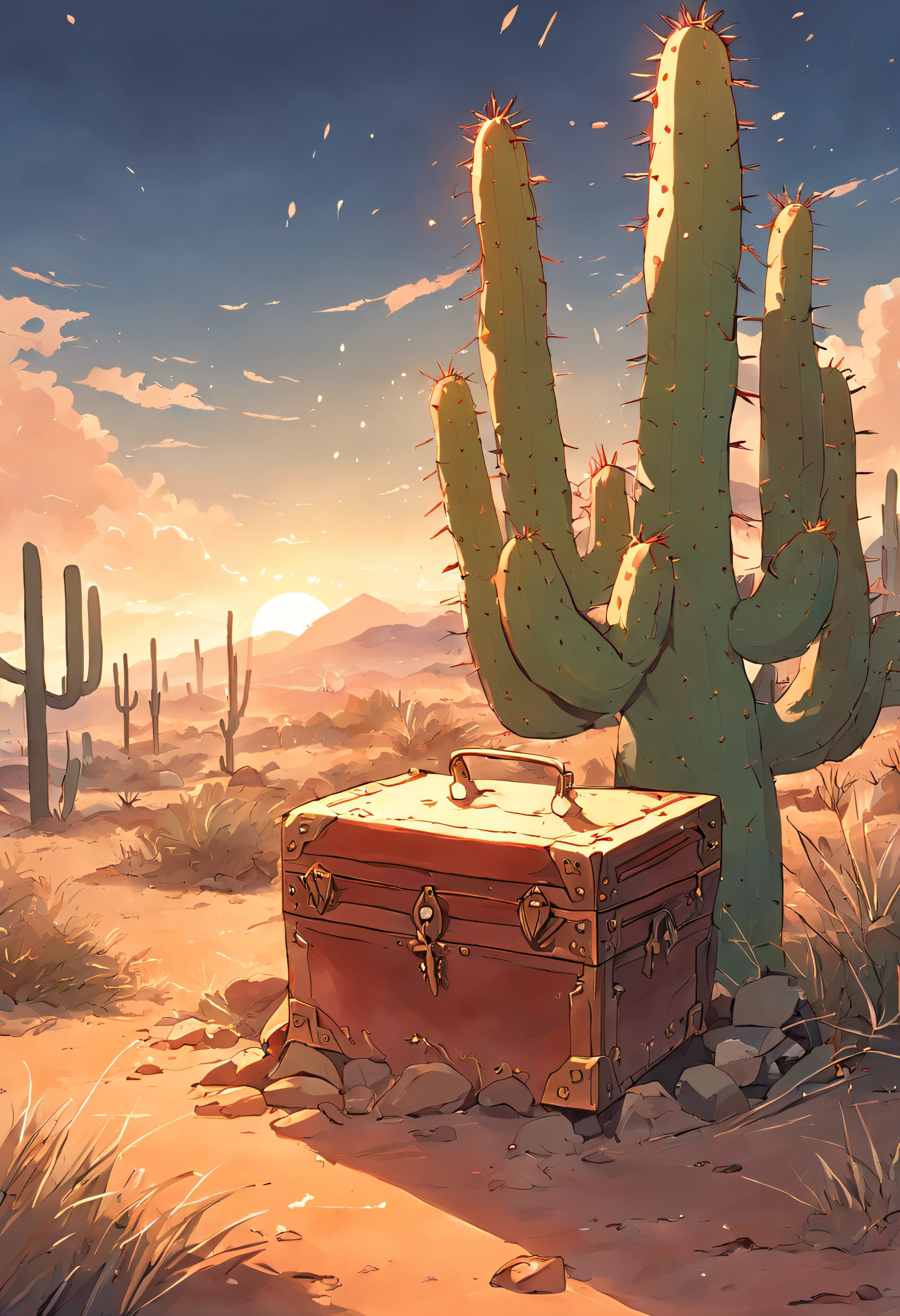 Bau de tesouro fechado ao longe na paisagem, bau do tesouro, Cactus plants in a desert area with a sky background, caatinga, paisagem do deserto, Desert scenery showing a treasure chest.