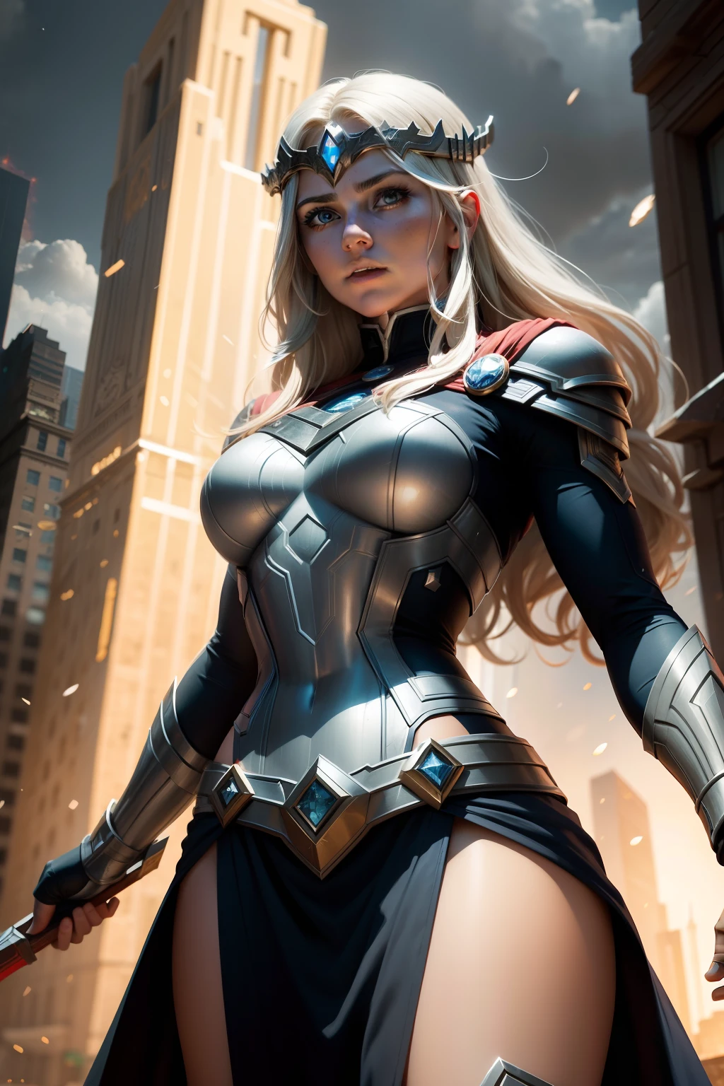 mighty hammer Mjolnir, New York, square of time, Girl Thor, also known as Tarene, is a character from Marvel Comics. She is an Asgardian goddess from Marvel mythology and possesses powers similar to Thor's, wielding the hammer Mjolnir, including thunder manipulation and superhuman strength. Tarene is an ally of the New Warriors and the Avengers, recognized by her caped, Thor-inspired costume. Her journey takes her exploring her divine and mortal identity, facing cosmic challenges. Her compassionate personality and desire to do good set her apart, contributing to the richness of the Marvel universe.