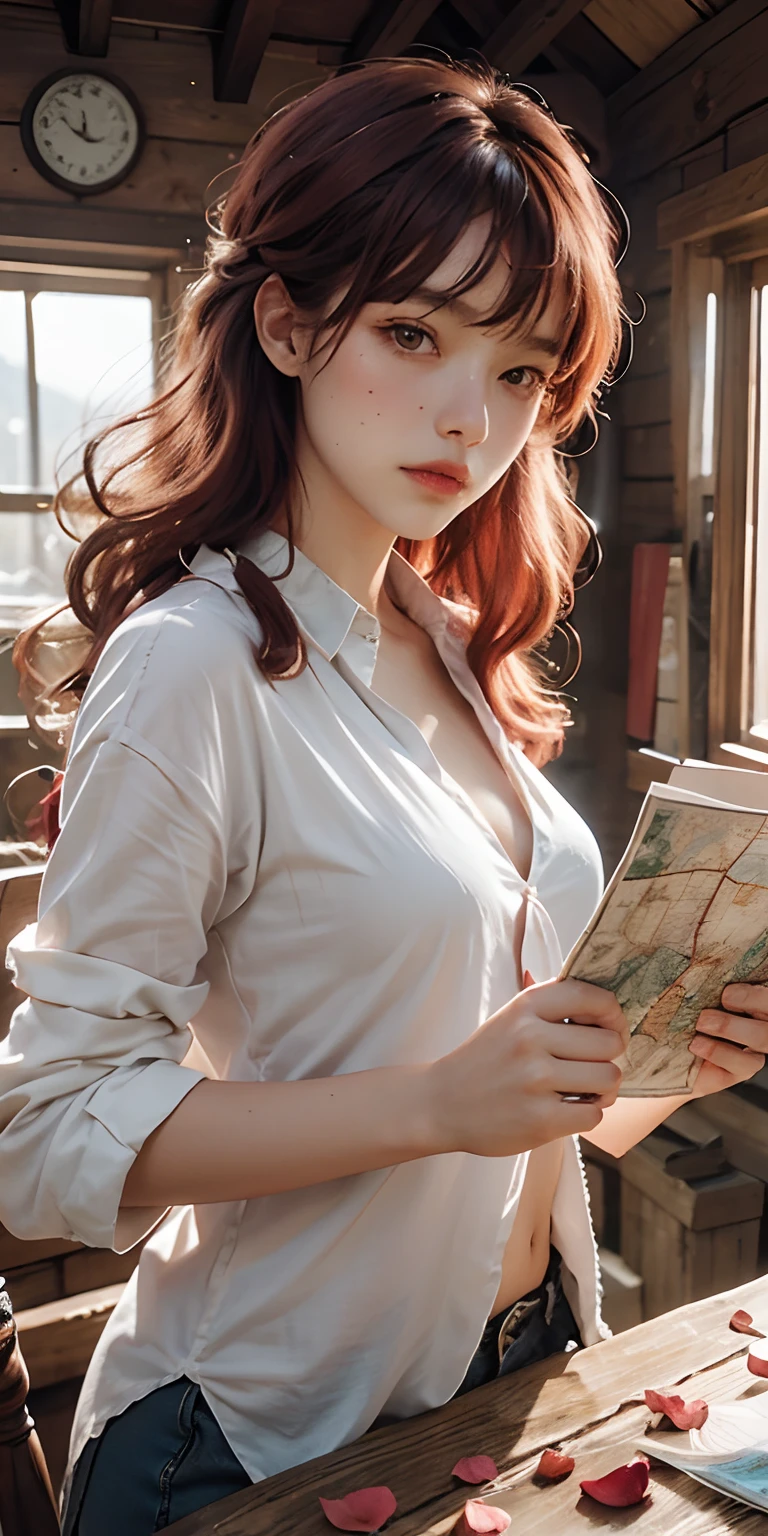 1 girl, Realistic, She is dressed only in an unbuttoned white shirt, Examines a map in an old galleon's hut;, red hair color, parallax, Ultra Hyper Mega Contrast, covered with rose petals, tmasterpiece, Winner of the photo contest, Beautiful lighting, Bioluminescent pollen in the air, Aestheticism, perfectionism, Jugendstil, look at camera,