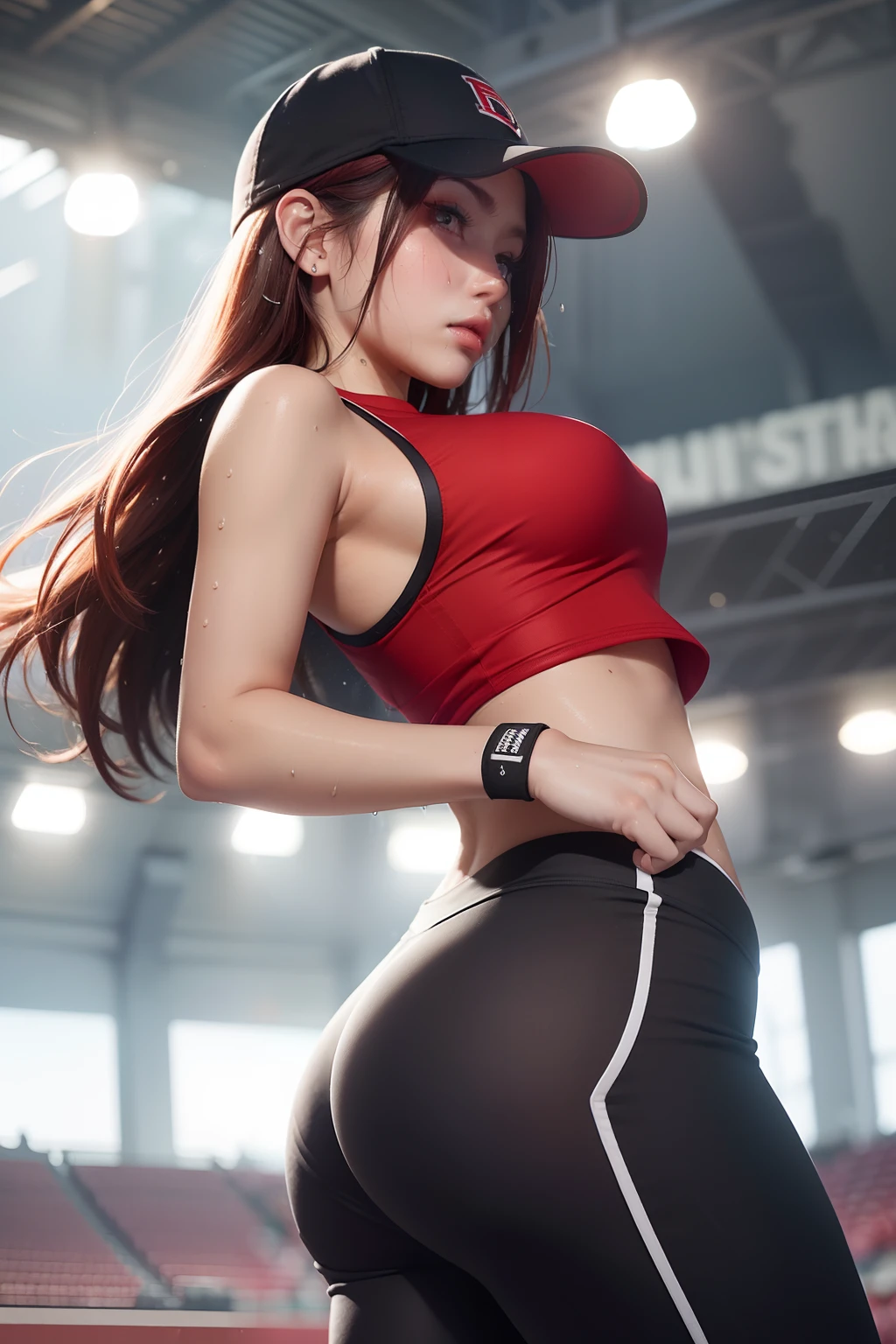 (masterpiece, 4k, best quality), photorealistic, cinematic, 1 girl, medium red hair, (((close up shot, front view:1.5))), looking at the viewer, perfect anatomy, curvaceous body, alluring, perfect eyes, detailed eyes, ((lips slightly parted:1.5)), medium-sized breasts, round ass, round legs, (((sweaty body))), sweaty skin, a determined female baseball pitcher, (((stands on her one foot))), (((she wears a fitted and wet sleeveless team jersey with her last name 'Smith' on the back))), the jersey is paired with white baseball pants that have red piping down the sides, (((she wears a black glove on her left hand))), poised for a powerful pitch, her cap bears the team logo, casting a slight shadow over her focused eyes, behind her, the pitching mound rises, and in the distance, a sunlit stadium full of cheering fans sets the scene