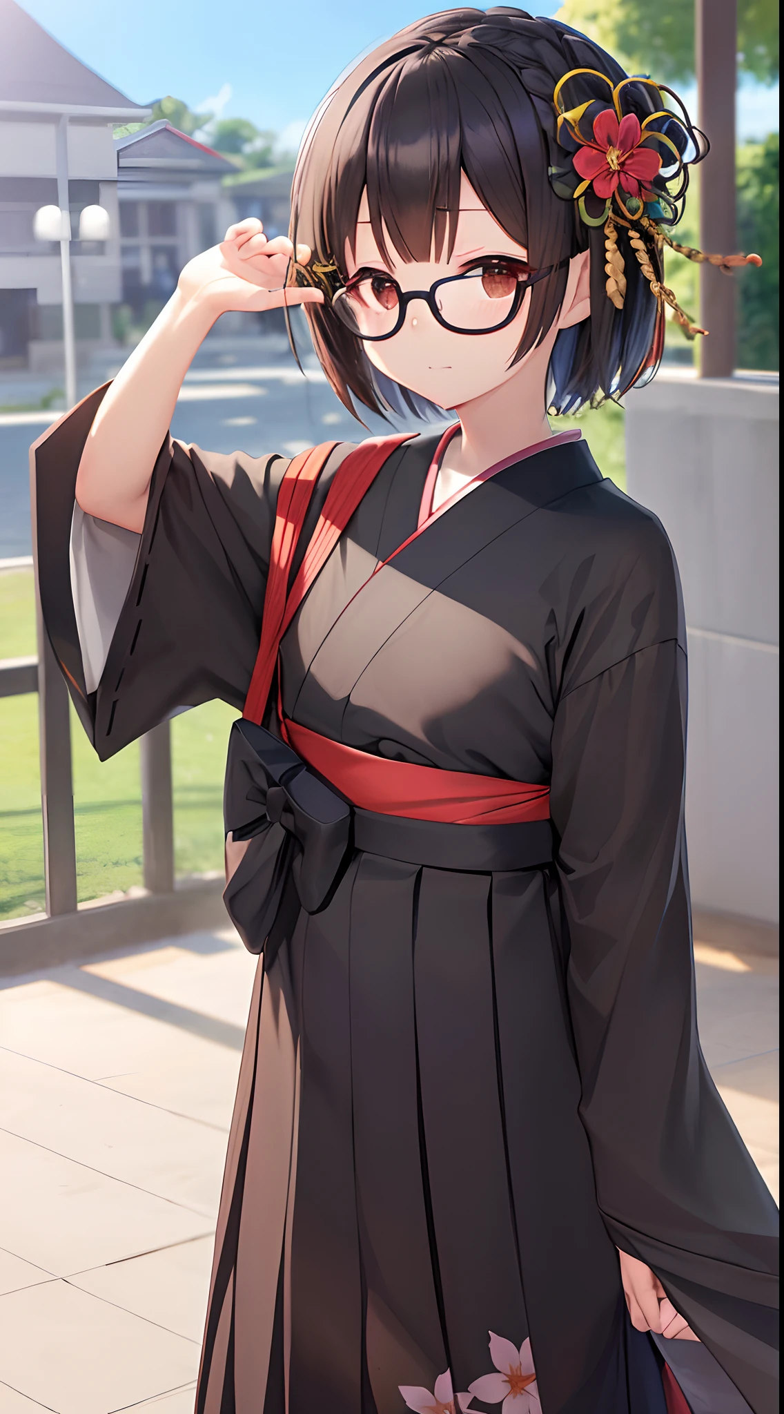 (masutepiece, Best Quality, Capture super cute moments, depth of fields, ultra-detailliert, Ultra High Resolution, C4D, Octadale, 3D Modeling, 8K, 16 K, one girls、a junior high school student、A dark-haired、short-hair、straight haired、Light brown eyes,Floral hair ornament、wearing black glasses、Cute face)、Hakama、graduation ceremony
