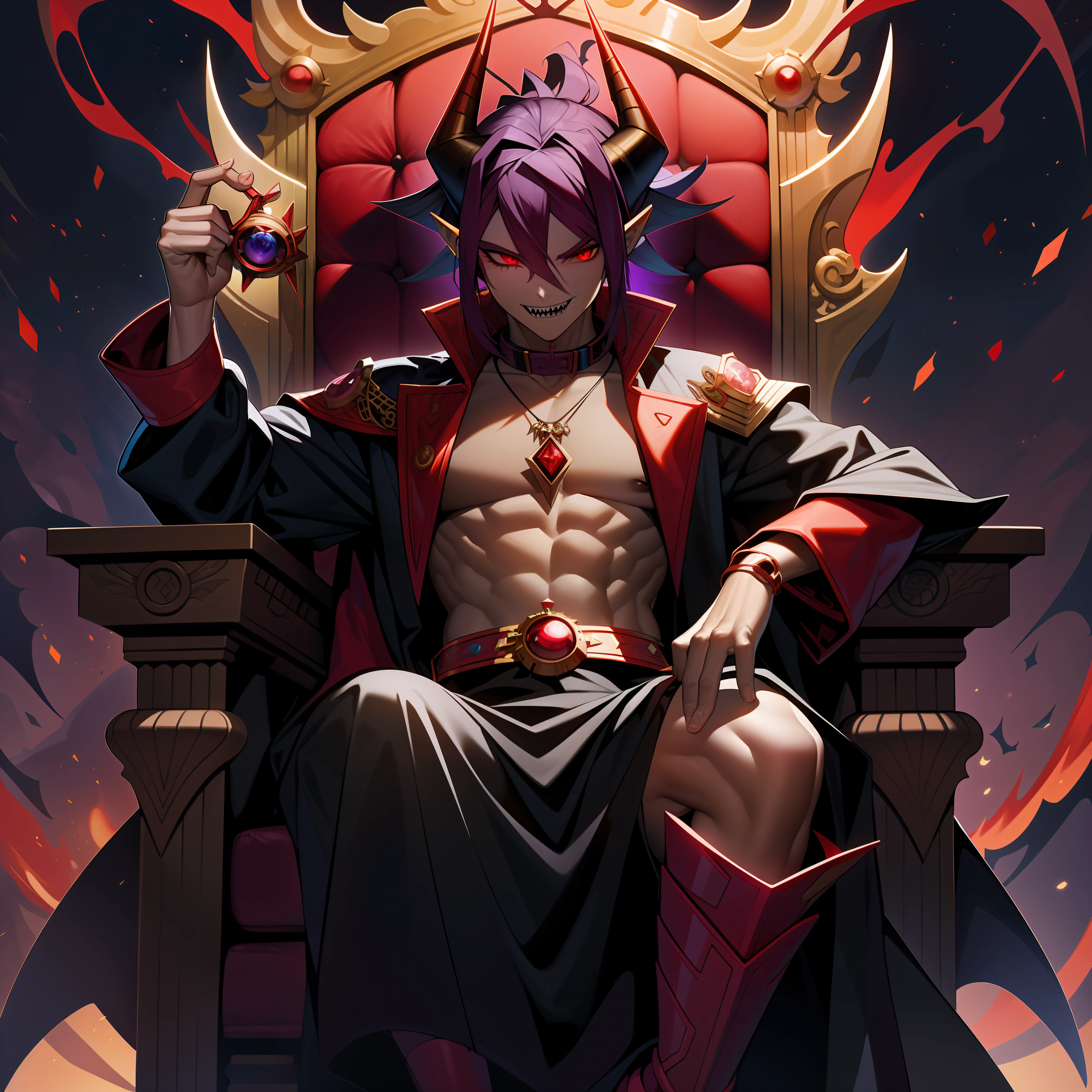 Generate a yugioh monster that is fire attribute and a fiend monster. Give him dark hair with red tips, purple skin, flaming red eyes, sharp teeth. Give him three tarot cards in his hand that he is looking at, two horns on the side of his head. same pose and general clothing, except for a diamon shaped red glowing pendant around his neck