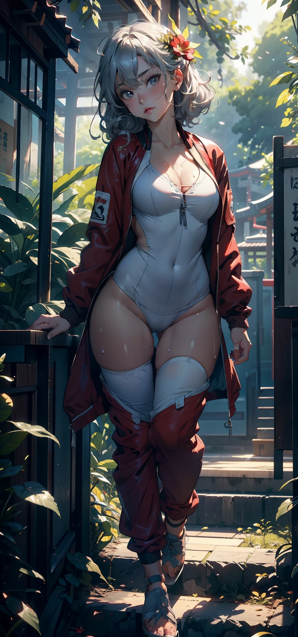 1female，ar old， girl，Lori huge breasts cleavage，super adorable，Small breasts，Pornographic exposure， 独奏，（Background with：ln the forest，the rainforest，in summer） She has long silver-gray hair，Head flower，standing on your feet，Sweat profusely，drenched all over the body，seen from the front， curlies， mostly cloudy sky，（（（tmasterpiece），（Very detailed CG unity 8K wallpaper），best qualtiy，cinmatic lighting，detailed back ground，beatiful detailed eyes，Bright pupils，（Very fine and beautiful），（Beautiful and detailed eye description），ultra - detailed，tmasterpiece，）），facing at camera，A high resolution，ultra - detailed），，revealing breasts，Bare genitalia， Bulge，Camel toes，Raised sexy，Flushed complexion，Open-mouthed，frontage，Japan Elementg：Red bomber jacket，Black jumpsuits）