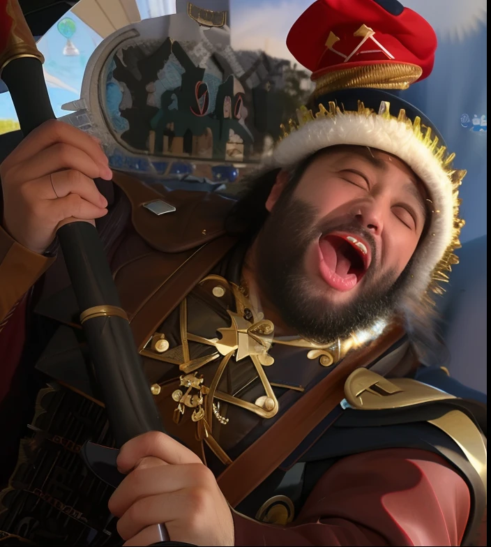 Man with wide eyes and tongue sticking out with big ax