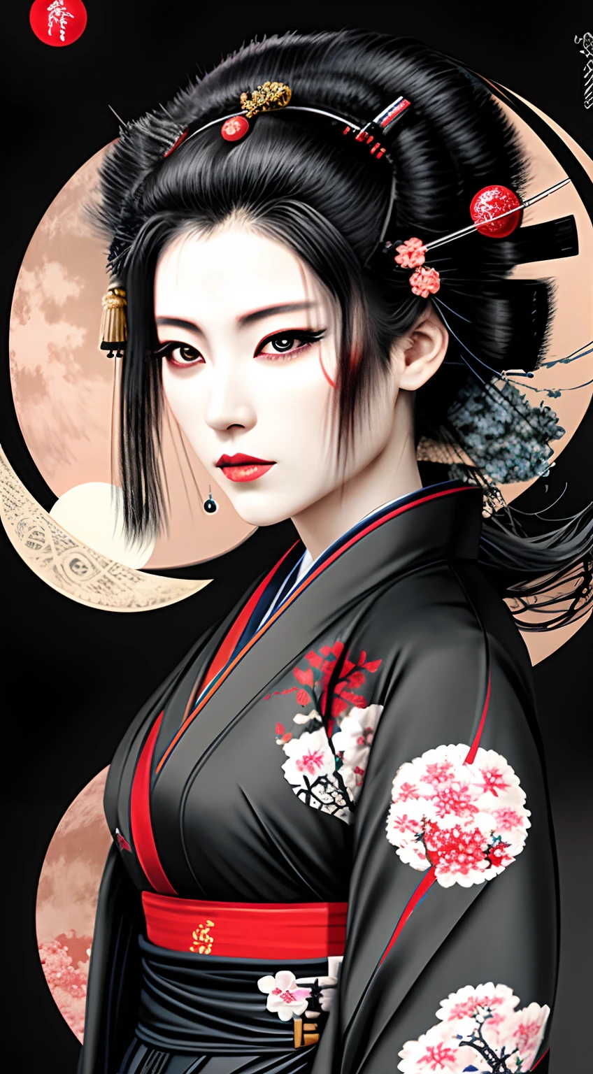 arafed woman in a kimono with a moon in the background, japanese art style, cyberpunk geisha, takato yomamoto. 4 k, beauty geisha, japanese goddess, stunning digital illustration, exquisite digital illustration, beautiful digital artwork, artwork in the style of guweiz, geisha, japanese art on behance, trending on artstration, japanese illustrator, long black hair, red moon, almond eye shape, lip pluck up bigger