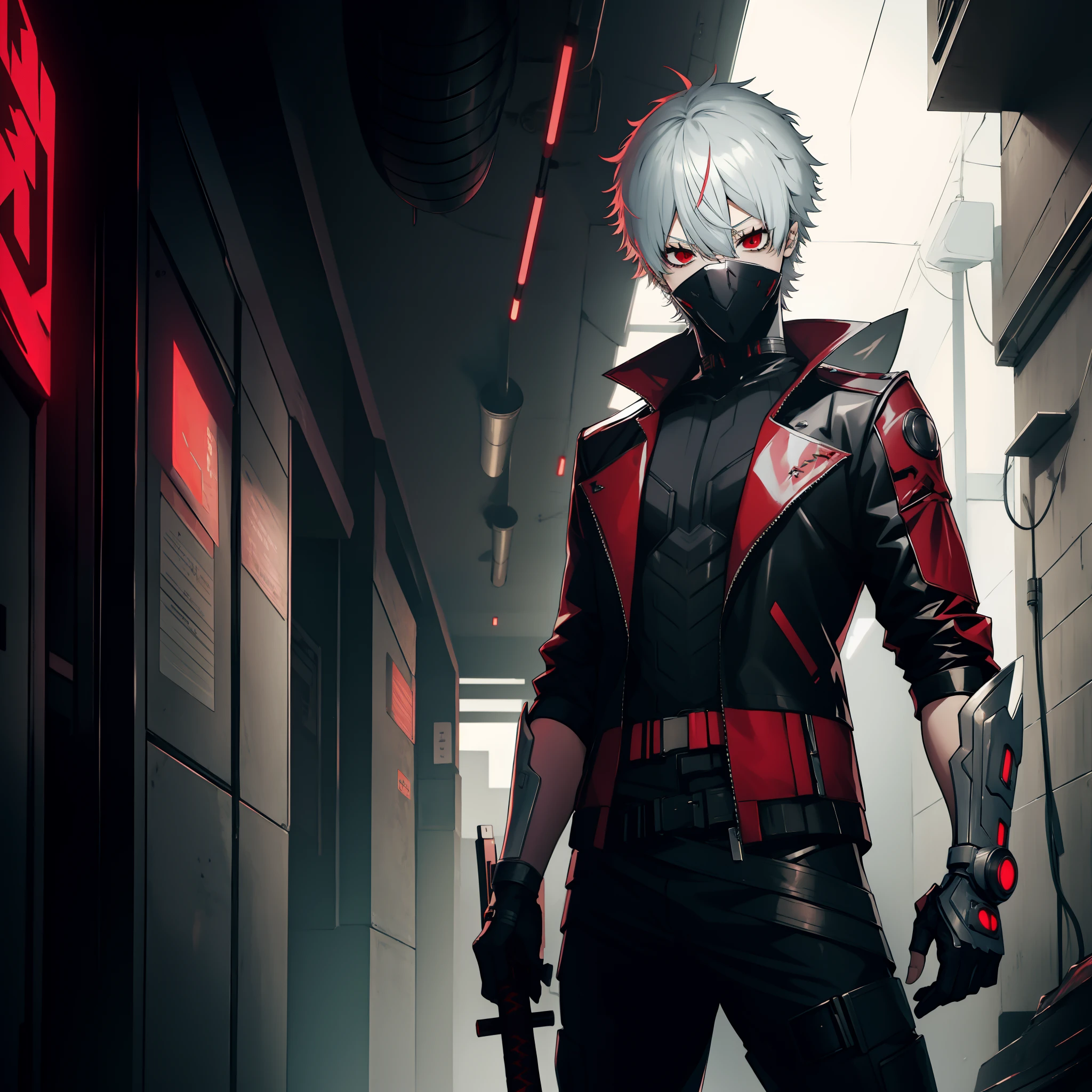 Anime boy with silver hair posing in Cyberpunk war scenario, Ciber, Ciberpunk preto e armadura vermelha, Anime Full HD, Cyberpunk war scenario, segurando katana vermelha, mascara robotica cobrindo a boca, camisa preta masculina com jaqueta preta e vermelha