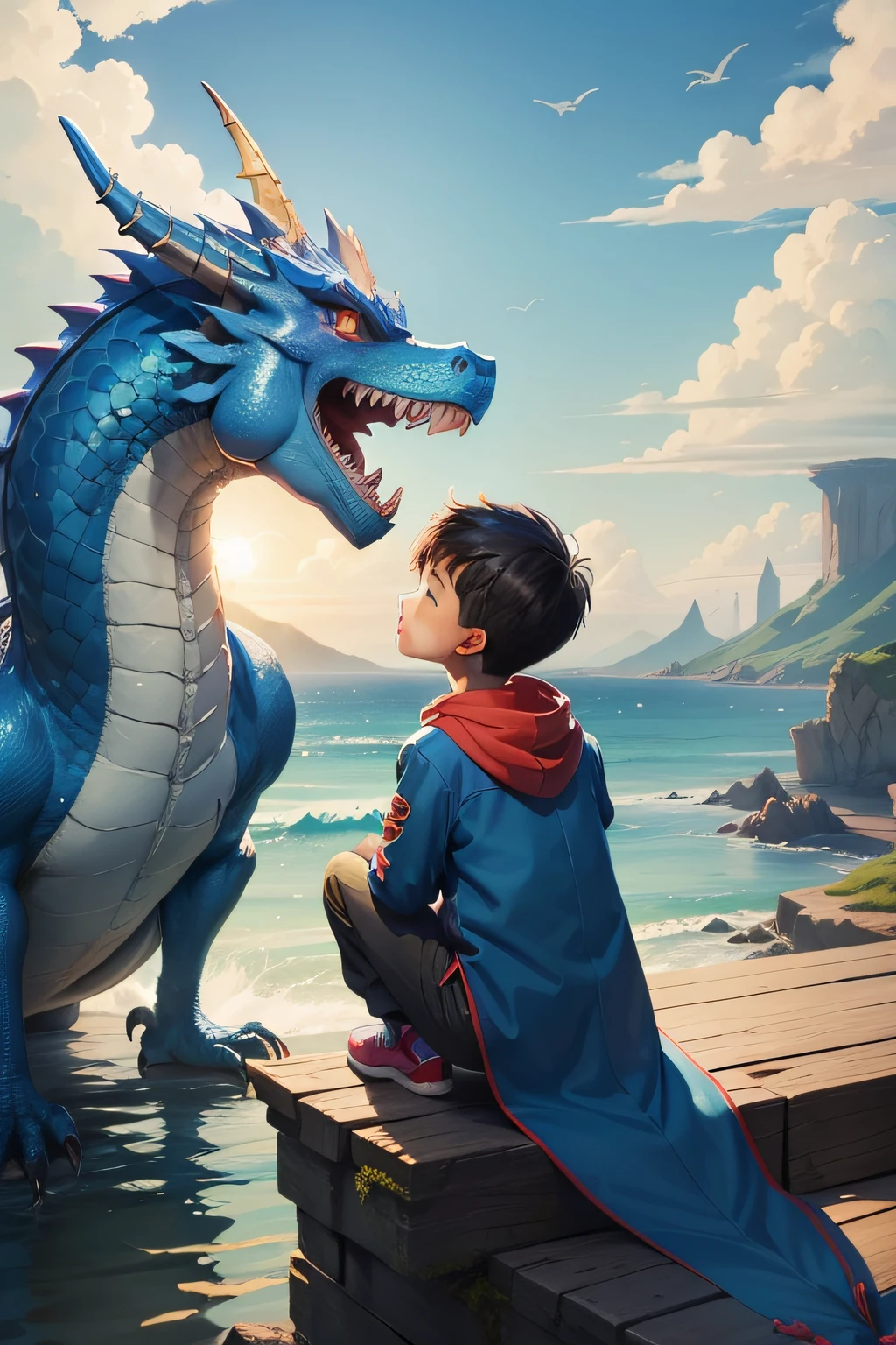 1boy stand with your back turned on cliff in front of ((a red Asian dragon)) with (((blue eyes))) with ink splatter sketch effect, ((the dragon is with open mouth looking very fierce and angry)), full body, twilight, eating the moon, HDR, (best qualtiy: 1.3), masterpiece, super detaill, ultra-definition, Very high quality, The ultra-Highres, 8k, Sharp focus, precisely anatomy, art, Crisp background, water painting,