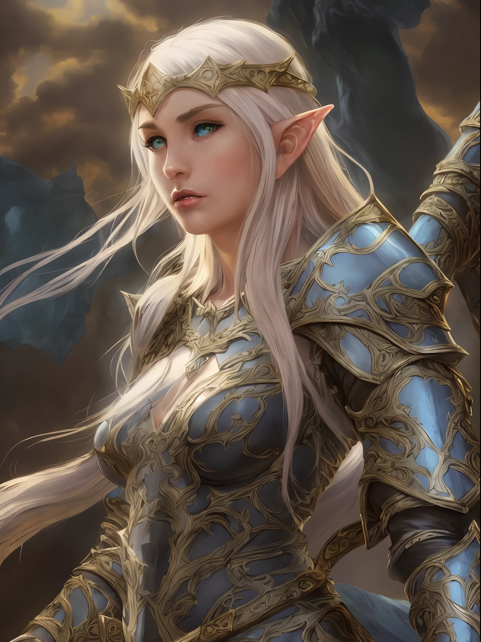 high details, best quality, 8k, [ultra detailed], masterpiece, best quality, (extremely detailed), full body, ultra wide shot, photorealistic, high fantasy art, dnd art, rpg art, realistic art, a wide angle, (((anatomically correct))) a wallpaler of an elf knight, elf warrior, princess knight, shinning knight, ready for battle with her mount (intense details, Masterpiece, best quality: 1.5), female elf (intense details, Masterpiece, best quality: 1.5), ultra detailed face, ultra feminine, fair skin, exquisite beauty, gold hair, long hair, wavy hair, small pointed ears, dynamic eyes color, wearing heavy elven armor, shinning metal, armed with elven sword fantasysword sword, standing near her mount, dynamic mount , green meadows, blue skies background and some clouds background depth of field (intricate details, Masterpiece, best quality: 1.5), full body (intricate details, Masterpiece, best quality: 1.5), high details, best quality, highres, ultra wide angle