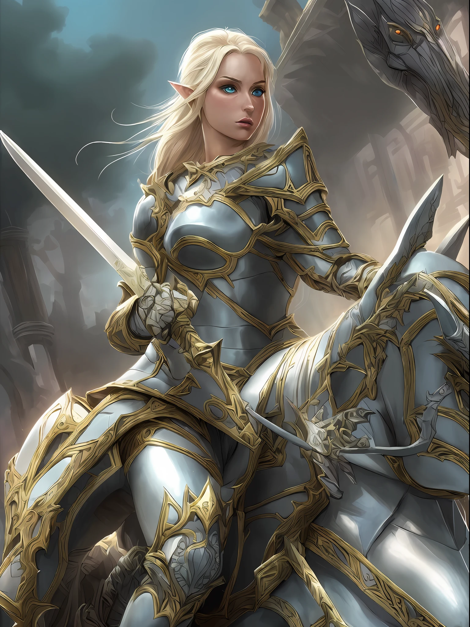high details, best quality, 8k, [ultra detailed], masterpiece, best quality, (extremely detailed), full body, ultra wide shot, photorealistic, high fantasy art, dnd art, rpg art, realistic art, a wide angle, (((anatomically correct))) a wallpaler of an elf knight, elf warrior, princess knight, shinning knight, ready for battle with her mount (intense details, Masterpiece, best quality: 1.5), female elf (intense details, Masterpiece, best quality: 1.5), ultra detailed face, ultra feminine, fair skin, exquisite beauty, gold hair, long hair, wavy hair, small pointed ears, dynamic eyes color, wearing heavy elven armor, shinning metal, armed with elven sword fantasysword sword, standing near her mount, dynamic mount , green meadows, blue skies background and some clouds background depth of field (intricate details, Masterpiece, best quality: 1.5), full body (intricate details, Masterpiece, best quality: 1.5), high details, best quality, highres, ultra wide angle
