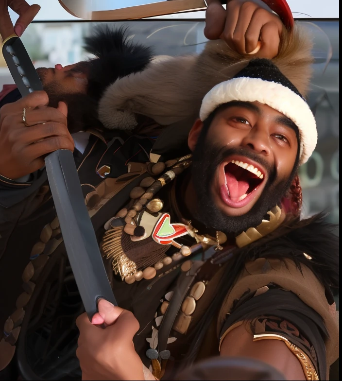 Dark-skinned man with wide eyes and tongue sticking out with a big ax