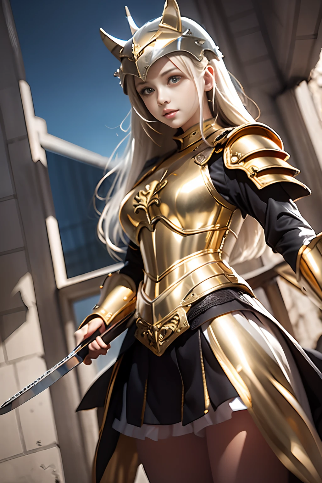 Women like Joan of Arc、Knights, golden armour,Gold Armor,With a sword and shield,Royal style,Comic style, , Sub-surface scattering, ornate detail, nature backdrop, Hyper-realistic, Cinematic, Dramatic Lighting, masutepiece、Armor and helmet with wolf motif、Full-face helmet、