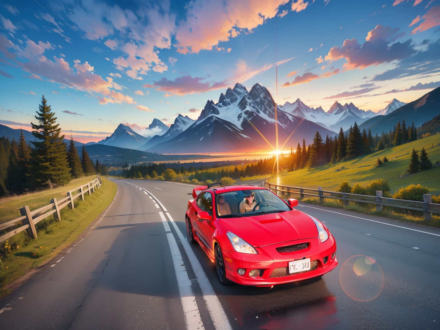 Driving down a scenic mountain road, mountains in the background, motion blur, cinematic, sunset, HDR,