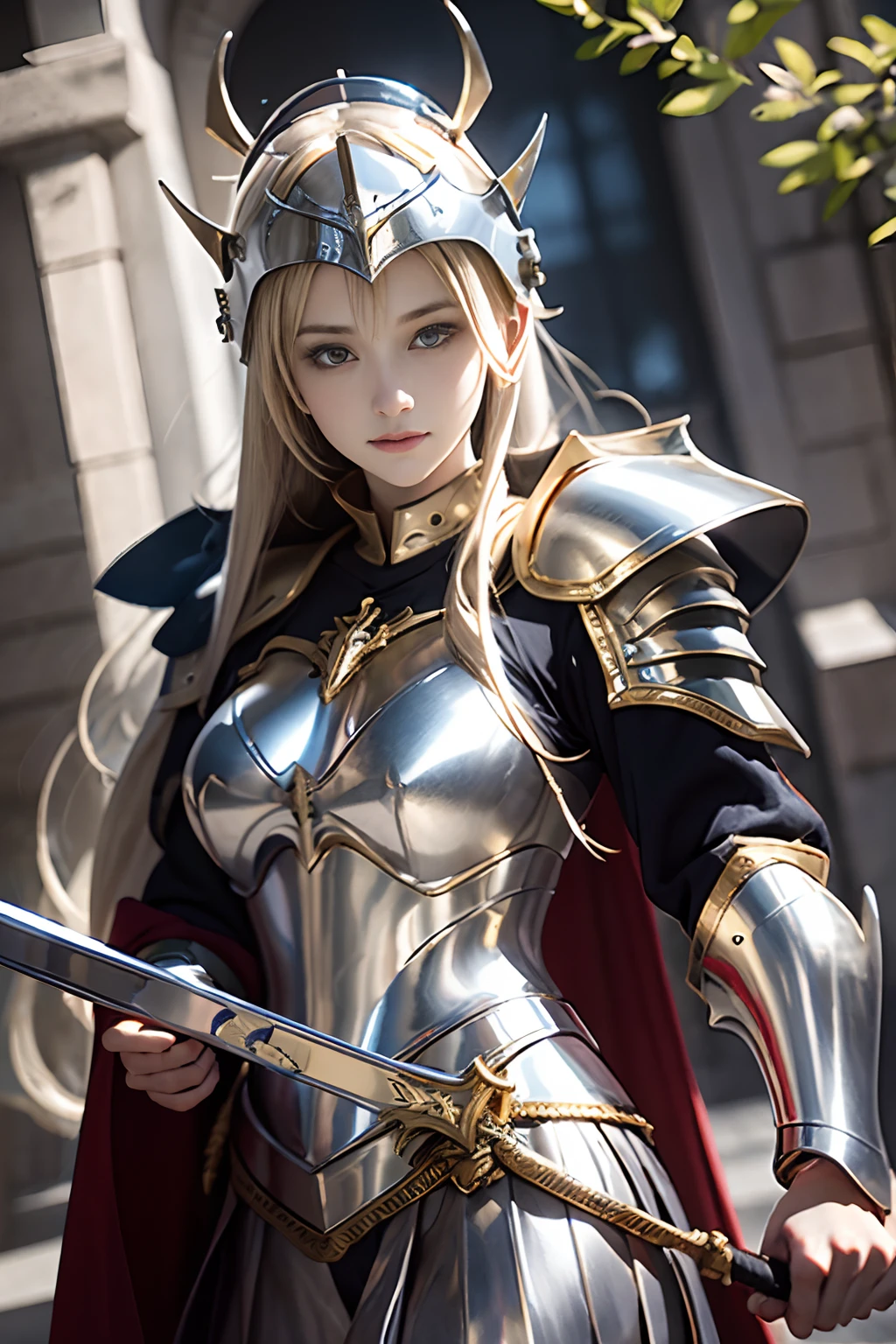 Women like Joan of Arc、Knights, golden armour，Gold Armor，With a sword and shield，Royal style，Comic style, , Sub-surface scattering, ornate detail, nature backdrop, Hyper-realistic, Cinematic, Dramatic Lighting, masutepiece、Armor and helmet with wolf motif、Full-face helmet、