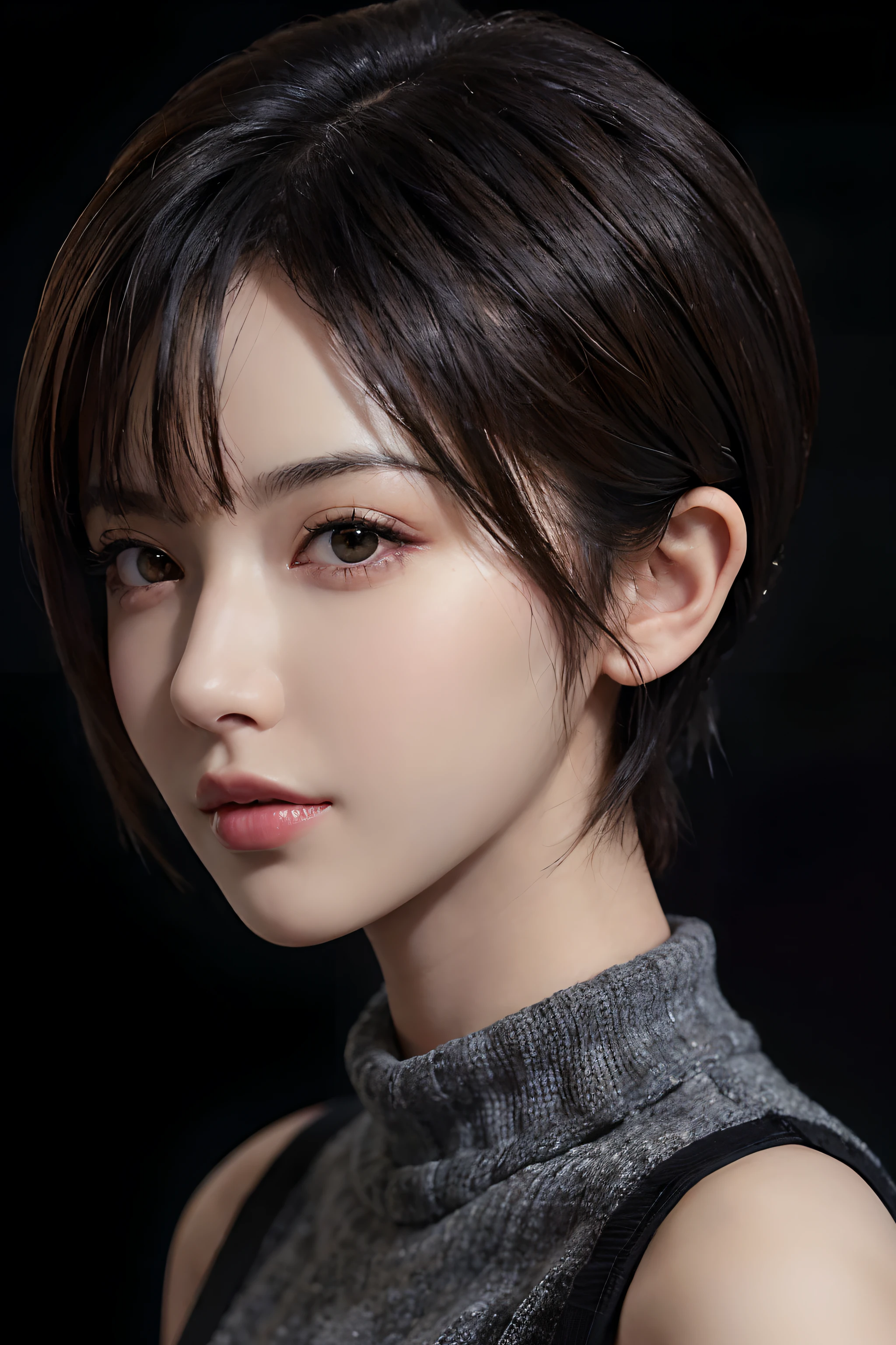 (masterpiece:1.3), (8k, photorealistic, RAW photo, best quality: 1.4), (1girl), beautiful face, (realistic face), (black hair, short hair:1.3), beautiful hairstyle, realistic eyes, beautiful detailed eyes, (realistic skin), beautiful skin, (sweater), absurdres, attractive, ultra high res, ultra realistic, highly detailed, golden ratio