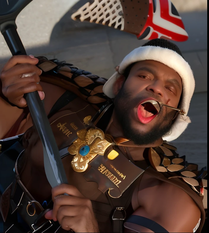Dark-skinned man with wide eyes and tongue sticking out with a big ax