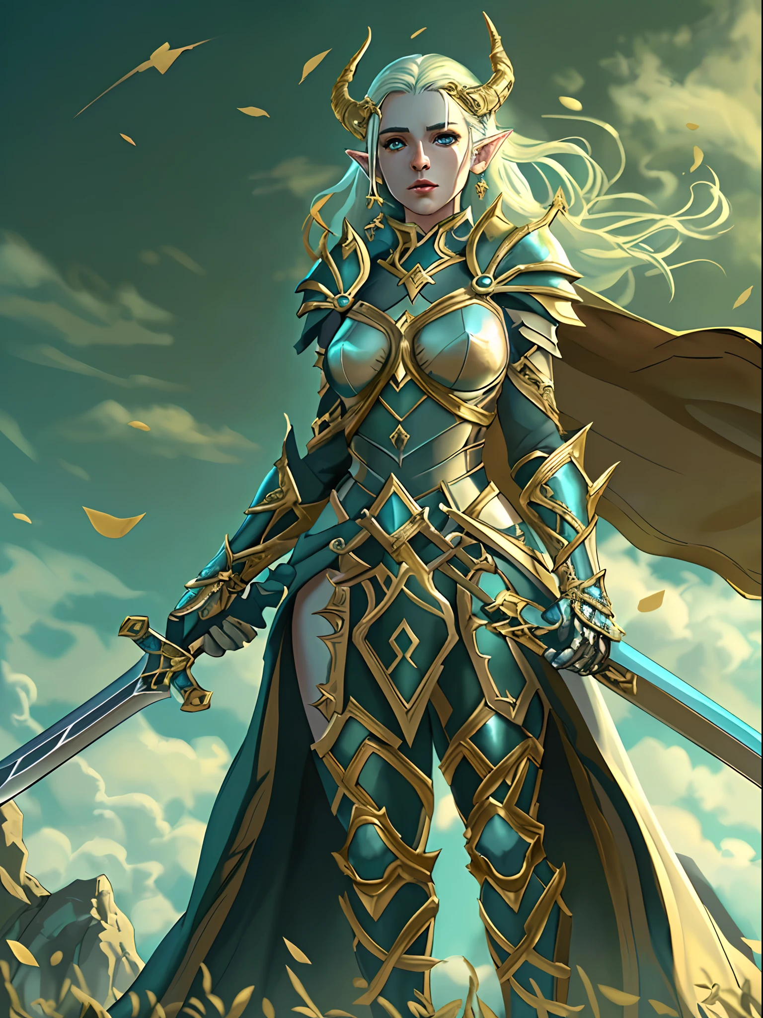 high details, best quality, 8k, [ultra detailed], masterpiece, best quality, (extremely detailed), full body, ultra wide shot, photorealistic, fantasy_world, fantasy art, dnd art, rpg art, realistic art, a wide angle, (((anatomically correct))) a wallpaler of an elf knight, elf warrior, princess knight, shinning knight, ready for battle with her mount (intense details, Masterpiece, best quality: 1.5), female elf (intense details, Masterpiece, best quality: 1.5), ultra detailed face, ultra feminine, fair skin, exquisite beauty, gold hair, long hair, wavy hair, small pointed ears, dynamic eyes color, wearing heavy elven armor, shinning metal, armed with elven sword fantasysword sword, standing near her mount, dynamic mount , green meadows, blue skies background and some clouds background depth of field (intricate details, Masterpiece, best quality: 1.5), full body (intricate details, Masterpiece, best quality: 1.5), high details, best quality, highres, ultra wide angle