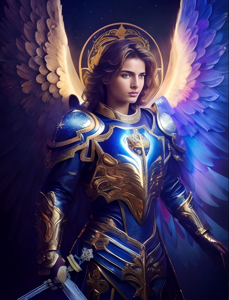 (((SAINT MICHAEL ARCHANGEL. 19 years old))) ((( Con una cara seria y piadosa. Con una mirada dulce y tierna))) (obra maestra, calidad superior, mejor calidad, arte oficial, beautiful and aesthetic: 1.2), (1girl), extremadamente detallado, (Arte fractal: 1.3), colorido, highest detailed, Cara perfecta, parte superior del cuerpo, HDR, (orando: 1.3), (golden lines of white coat: 1.2), galaxia, (rayas de luz), eye-catching visuals, (dynamic stripes, senderos luminosos: 1.2), colores vibrantes,