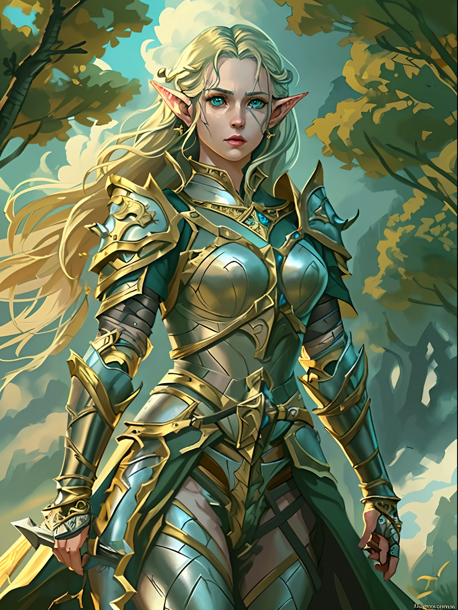 high details, best quality, 8k, [ultra detailed], masterpiece, best quality, (extremely detailed), full body, ultra wide shot, photorealistic, fantasy_world, fantasy art, dnd art, rpg art, realistic art, a wide angle, (((anatomically correct))) a wallpaler of an elf knight, elf warrior, princess knight, shinning knight, ready for battle with her mount (intense details, Masterpiece, best quality: 1.5), female elf (intense details, Masterpiece, best quality: 1.5), ultra detailed face, ultra feminine, fair skin, exquisite beauty, gold hair, long hair, wavy hair, small pointed ears, dynamic eyes color, wearing heavy elven armor, shinning metal, armed with elven sword fantasysword sword, standing near her mount, dynamic mount , green meadows, blue skies background and some clouds background depth of field (intricate details, Masterpiece, best quality: 1.5), full body (intricate details, Masterpiece, best quality: 1.5), high details, best quality, highres, ultra wide angle