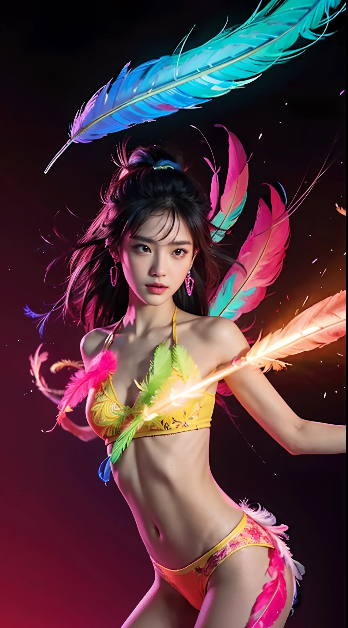 masterpiece, top quality, best quality, neon official art, beautiful and aesthetic:1.2), beutiful chines women bai lu(1girl:1.3), extremely detailed,(fractal art:1.1 neon ),(colorful:1.1 neon)(flowers:1.3 neon ),highest detailed,(zentangle neon:1.2), (dynamic pose), (abstract neon background neon:1.3), (shiny skin), (many colors:1.4 neon )full hd, ,(earrings), (feathers:1.5) , (Flamethrower:1.3),neon red background neon ,Phoenix dress neon,Neon,full HD
