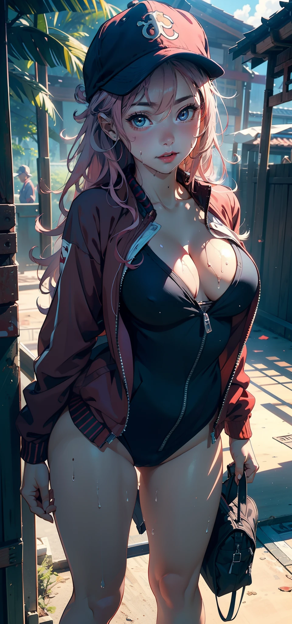 1female,ar old, girl,Lori huge breasts cleavage,super adorable,Small breasts,Pornographic exposure, 独奏,(Background with:ln the forest,the rainforest,in summer) She has long pink hair,Headband with baseball cap,standing on your feet,Sweat profusely,drenched all over the body,seen from the front, curlies, mostly cloudy sky,(((tmasterpiece),(Very detailed CG unity 8K wallpaper),best qualtiy,cinmatic lighting,detailed back ground,beatiful detailed eyes,Bright pupils,(Very fine and beautiful),(Beautiful and detailed eye description),ultra - detailed,tmasterpiece,)),facing at camera,A high resolution,ultra - detailed),,revealing breasts,Bare genitalia, Bulge,Camel toes,Raised sexy,Flushed complexion,Open-mouthed,frontage,Japan Elementg:Red baseball jacket,Black jumpsuits)