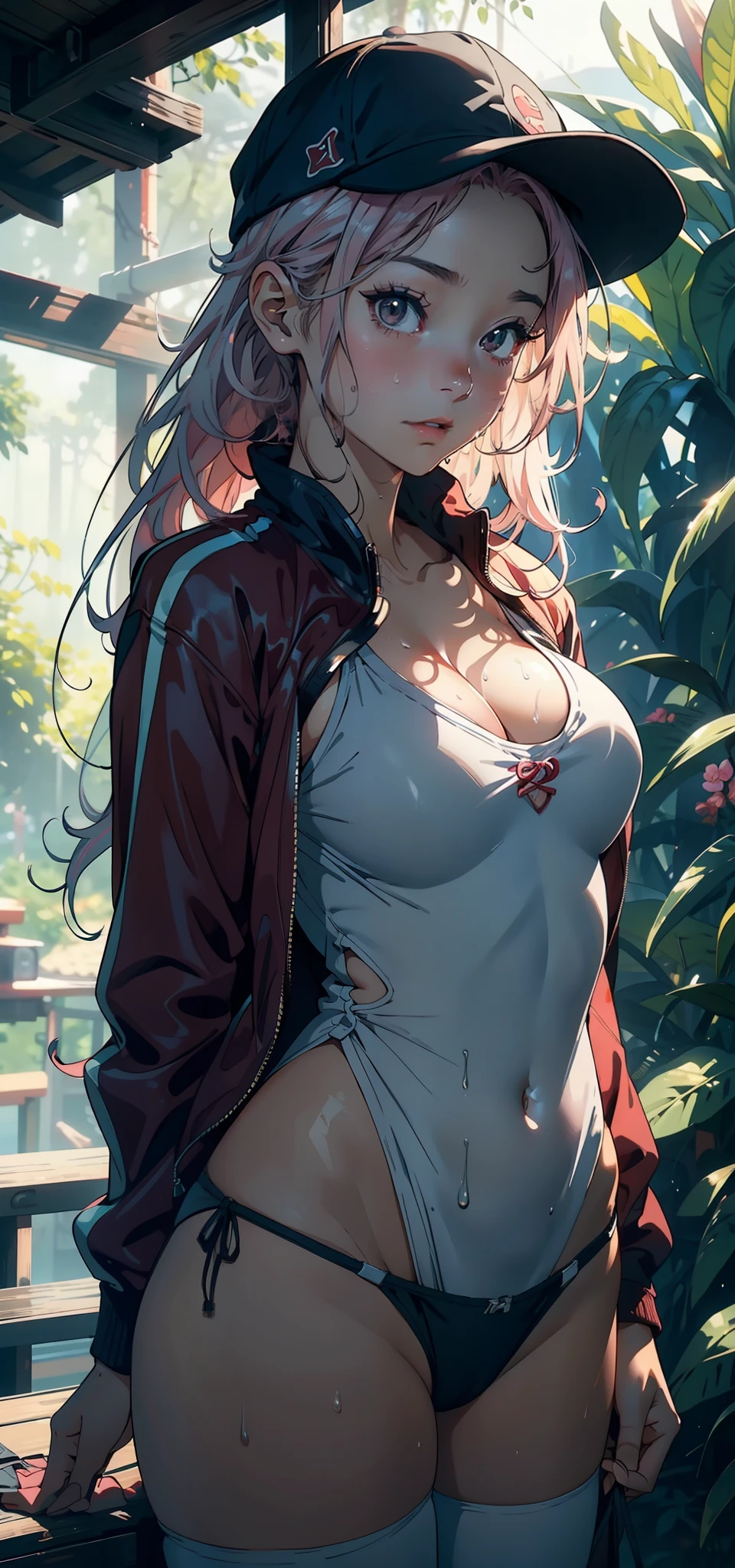 1female,ar old, girl,Lori huge breasts cleavage,super adorable,Small breasts,Pornographic exposure, 独奏,(Background with:ln the forest,the rainforest,in summer) She has long pink hair,Headband with baseball cap,standing on your feet,Sweat profusely,drenched all over the body,seen from the front, curlies, mostly cloudy sky,(((tmasterpiece),(Very detailed CG unity 8K wallpaper),best qualtiy,cinmatic lighting,detailed back ground,beatiful detailed eyes,Bright pupils,(Very fine and beautiful),(Beautiful and detailed eye description),ultra - detailed,tmasterpiece,)),facing at camera,A high resolution,ultra - detailed),,revealing breasts,Bare genitalia, Bulge,Camel toes,Raised sexy,Flushed complexion,Open-mouthed,frontage,Japan Elementg:Red baseball jacket,Black jumpsuits)