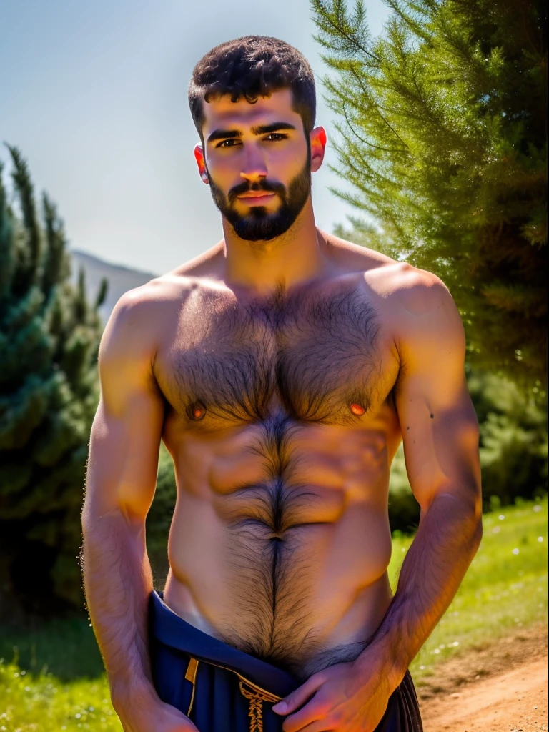 Masterpiece, creat a high resolution Portrait. Ery hairy Druz family young and mature insanely handsome men in a small village as modern turkish soliders, hairy, very masculine men ,traditional, hairy chest, hairy legs, big hands, big feet, druze village, hefty, wisdome, shirtless, trees, exposed, intimate, slim, modeling, weapons, Realistic.