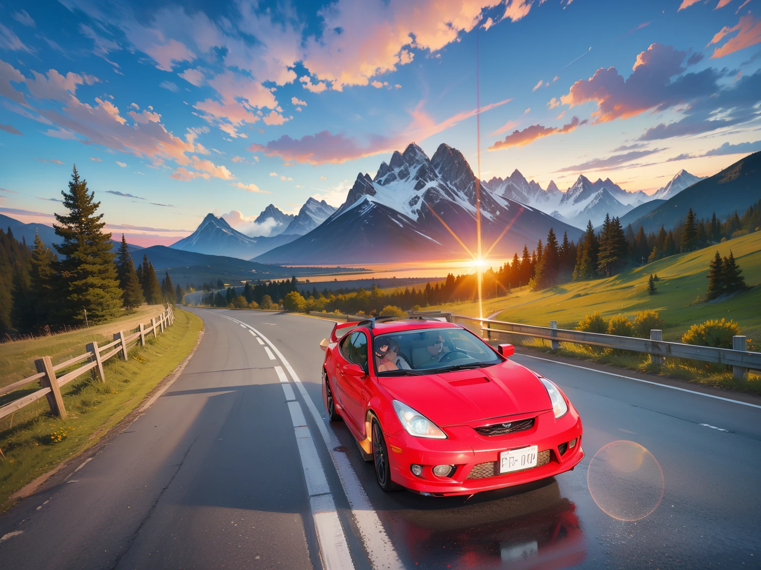 Female driver, brown hair updo, blue tank top, sunglasses, smiling, realistic, realistic reflection, HDR, cinematic lighting,