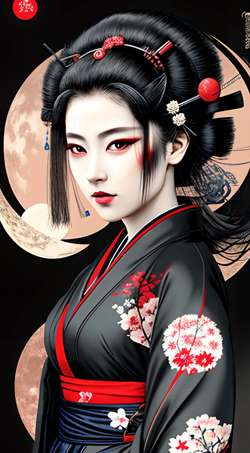 arafed woman in a kimono with a moon in the background, japanese art style, cyberpunk geisha, takato yomamoto. 4 k, beauty geisha, japanese goddess, stunning digital illustration, exquisite digital illustration, beautiful digital artwork, artwork in the style of guweiz, geisha, japanese art on behance, trending on artstration, japanese illustrator, long black hair, red moon, brown skinned