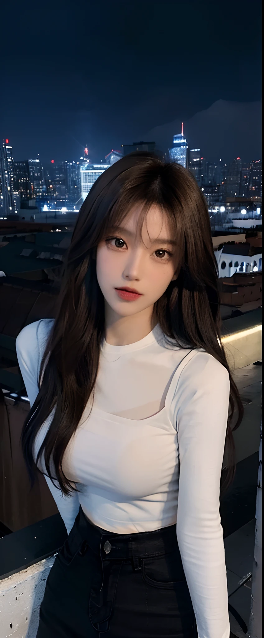 ((Midnight, Best quality, 8k, Masterpiece :1.3)), Whole body, Long legs, Sharp focus :1.2, A pretty woman with perfect figure :1.4, Slender abs :1.1, ((Dark brown hair, Big breasts :1.2)), (White tight tshirt, Jean bib, Standing:1.2), ((Night city view, Rooftop:1.3)), Highly detailed face and skin texture, Detailed eyes, Double eyelid