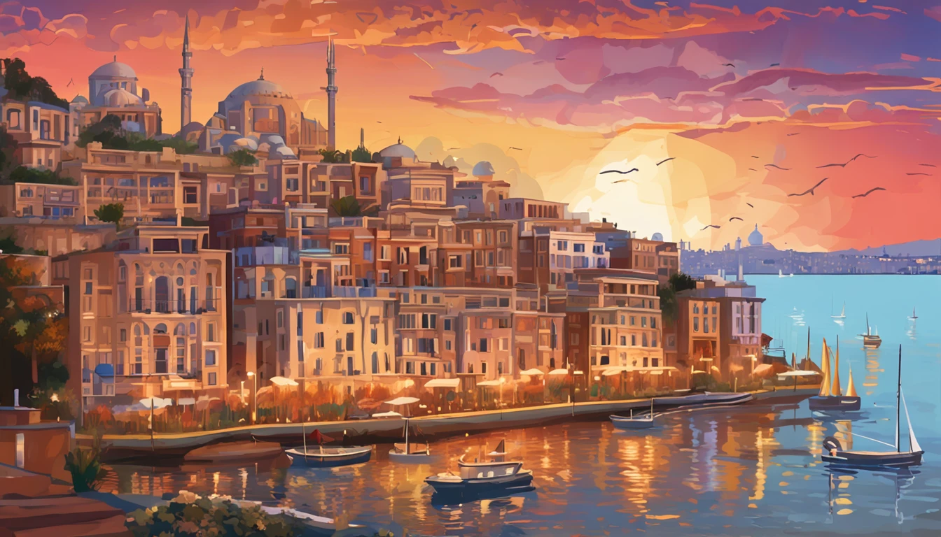 Vista encantadora da cidade de Roma (0.2), magnificent domes and minarets reaching into the sky (0.15), Mosaicos bizantinos brilhando ao sol (0.1), Rodeado por jardins exuberantes (0.15), calm waters of the Bosphorus in the foreground (0.1), Sunset tones painting the scene in warm colors (0.1), translated into the artistic styles of Claude Monet's impressionist traits (0.05) and in the idyllic, light-infused scenery by Thomas Kinkade (0.05)