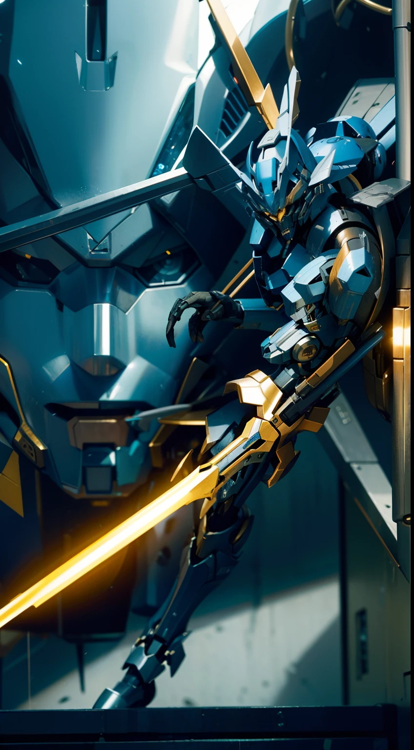 Gemini，Two mechs fight，Evil and good，holds a spear，There are two mechs in the picture