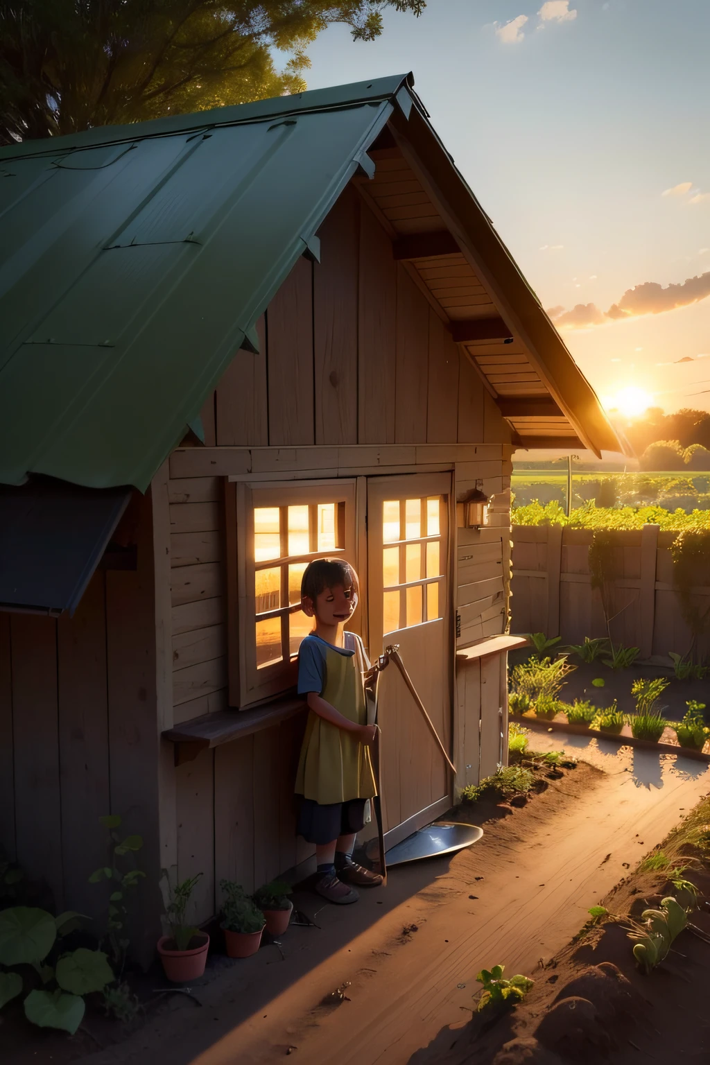 A small modest house, surrounded by lush nature. A smiling stands beside a makeshift vegetable garden, holding a small shovel as he watches the plants grow. The sun is setting over the horizon, casting a soft light over the scene.
