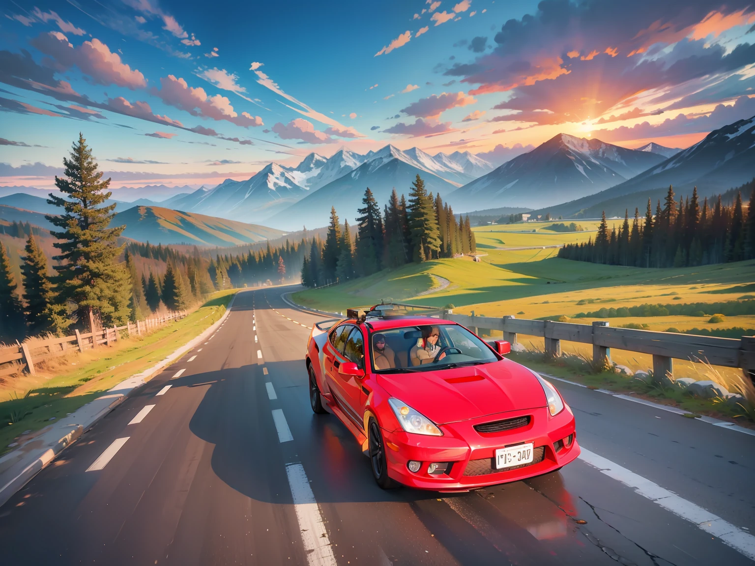 Driving down a scenic mountain road, mountains in the background, motion blur, cinematic, sunset, HDR,