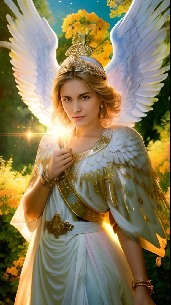 (((SAINT MICHAEL ARCHANGEL. 19 years old))) ((( Con una cara seria y piadosa. Con una mirada dulce y tierna))) (obra maestra, calidad superior, mejor calidad, arte oficial, beautiful and aesthetic: 1.2), (1girl), extremadamente detallado, (Arte fractal: 1.3), colorido, highest detailed, Cara perfecta, parte superior del cuerpo, HDR, (orando: 1.3), (golden lines of white coat: 1.2), galaxia, (rayas de luz), eye-catching visuals, (dynamic stripes, senderos luminosos: 1.2), colores vibrantes,