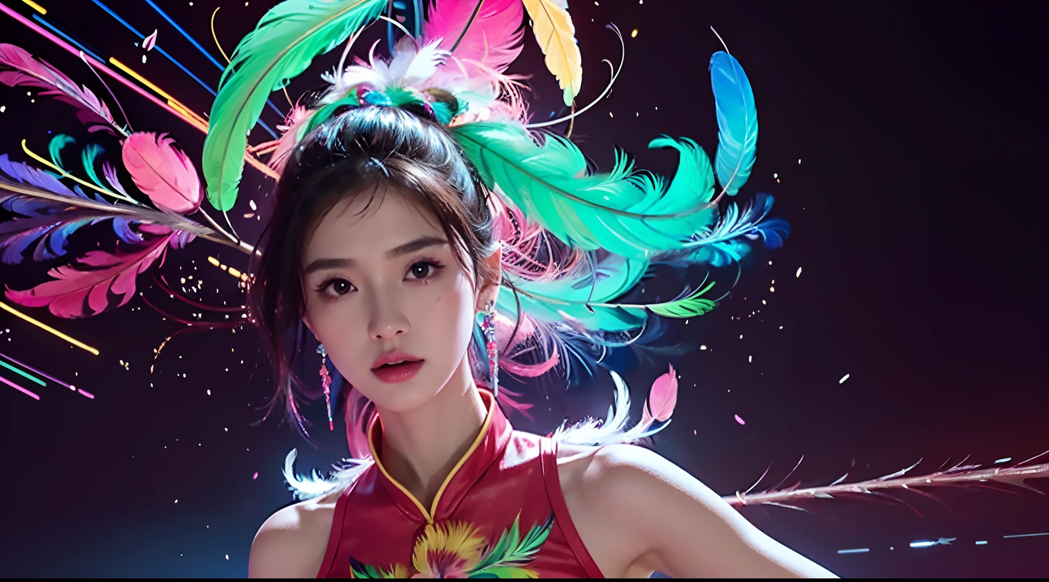 masterpiece, top quality, best quality, neon official art, beautiful and aesthetic:1.2), beutiful chines women bai lu(1girl:1.3), extremely detailed,(fractal art:1.1 neon ),(colorful:1.1 neon)(flowers:1.3 neon ),highest detailed,(zentangle neon:1.2), (dynamic pose), (abstract neon  background neon:1.3), (shiny skin), (many colors:1.4 neon )full hd, ,(earrings), (feathers:1.5) , (Flamethrower:1.3),neon red background  neon ,Phoenix dress neon,Neon,full HD