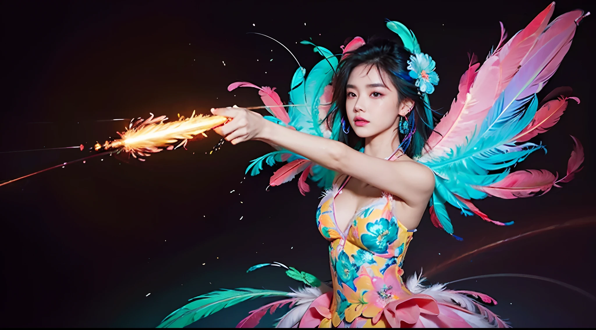 masterpiece, top quality, best quality, neon official art, beautiful and aesthetic:1.2), beutiful chines women bai lu(1girl:1.3), extremely detailed,(fractal art:1.1 neon ),(colorful:1.1 neon)(flowers:1.3 neon ),highest detailed,(zentangle neon:1.2), (dynamic pose), (abstract neon background neon:1.3), (shiny skin), (many colors:1.4 neon )full hd, ,(earrings), (feathers:1.5) , (Flamethrower:1.3),neon red background neon ,Phoenix dress neon,Neon,full HD