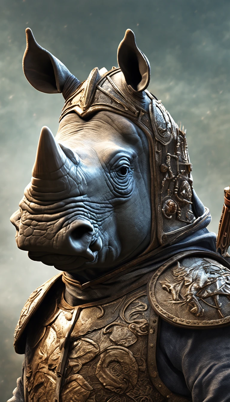 "Anthropomorphism of a rhino wearing a knight uniform,exquisite artwork, unparalleled quality, cinematic feel, hyper-detailed representation."