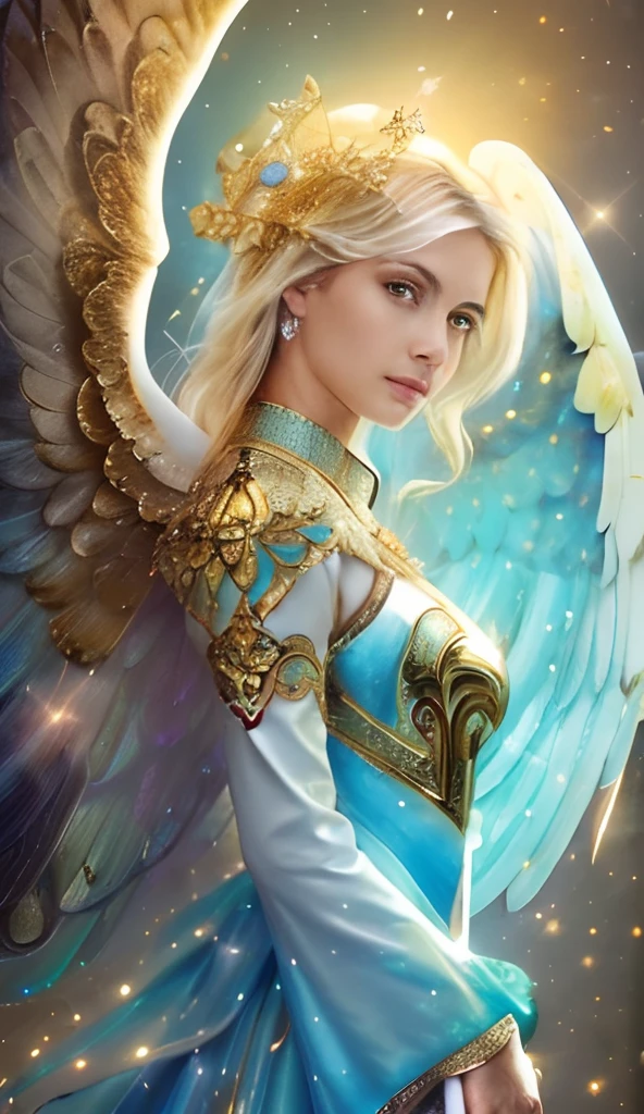 (((SAINT MICHAEL ARCHANGEL. 19 years old))) ((( Con una cara seria y piadosa. Con una mirada dulce y tierna))) (obra maestra, calidad superior, mejor calidad, arte oficial, beautiful and aesthetic: 1.2), (1girl), extremadamente detallado, (Arte fractal: 1.3), colorido, highest detailed, Cara perfecta, parte superior del cuerpo, HDR, (orando: 1.3), (golden lines of white coat: 1.2), galaxia, (rayas de luz), eye-catching visuals, (dynamic stripes, senderos luminosos: 1.2), colores vibrantes,