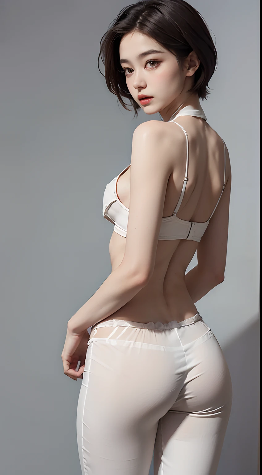 Beautiful woman, detailed body with small breasts, constricted waist, sexy expression, long eyelashes, eye makeup, brown berry short hair, (all back hair), (white thin sheer cotton pants), (no underwear), high neck, (open legs), (wator), tight pants, small buttocks, from behind, small buttocks