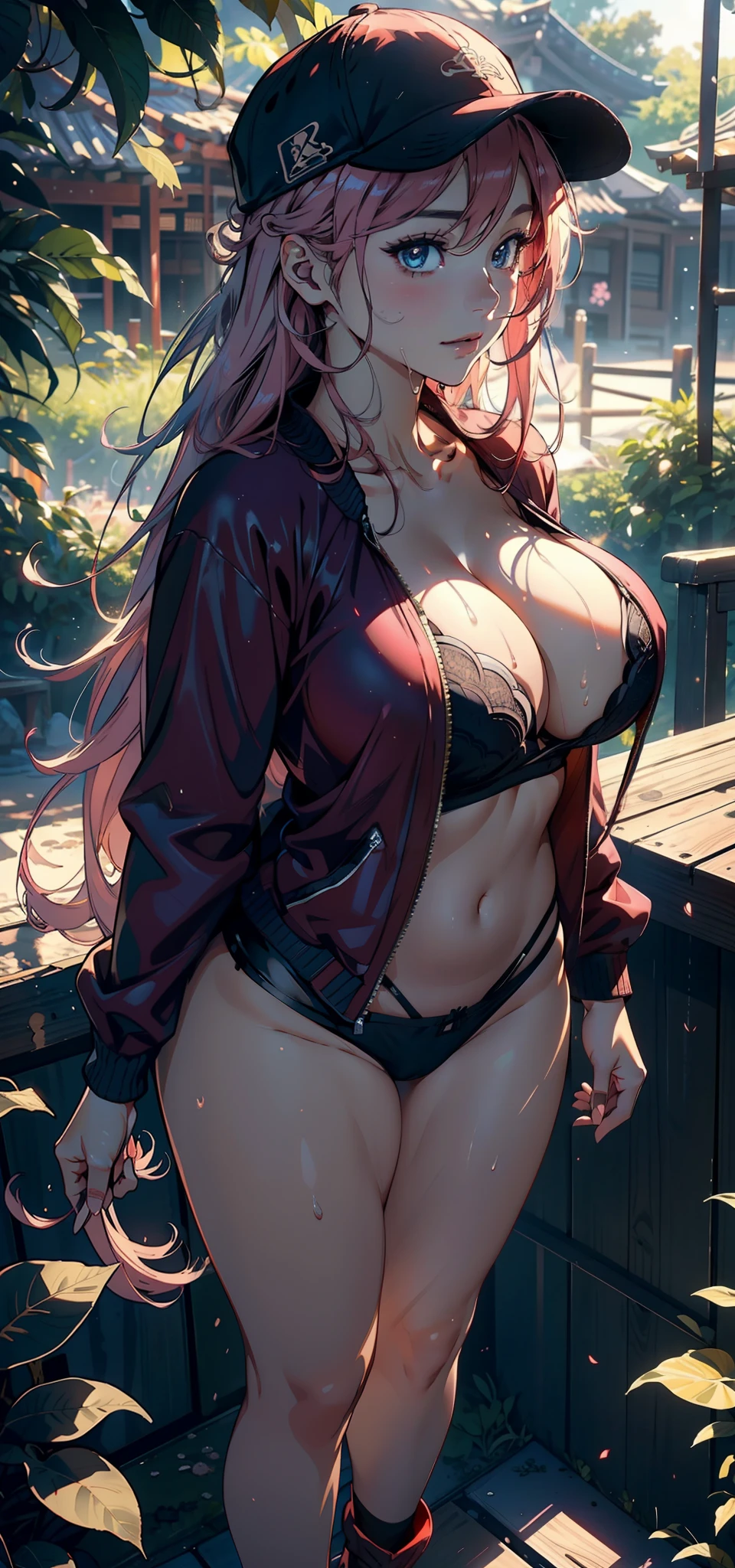 1female，35yo，Japanese，gigantic cleavage breasts，Pornographic exposure， 独奏，（Background with：ln the forest，the rainforest，in summer） She has long pink hair，standing on your feet，Sweat profusely，drenched all over the body，seen from the front， hair straight， dishiveredhair，mostly cloudy sky，（（（tmasterpiece），（Very detailed CG unity 8K wallpaper），best qualtiy，cinmatic lighting，detailed back ground，beatiful detailed eyes，Bright pupils，blue color eyes（Very fine and beautiful），（Beautiful and detailed eye description），ultra - detailed，tmasterpiece，）），facing at camera，A high resolution，ultra - detailed），revealing breasts，Bare genitalia， Bulge，Camel toes，Raised sexy，Flushed complexion，Open-mouthed，frontage，baseball cap，（Wearing：Red baseball jacket，Pantyhose）nakeness，high-heels