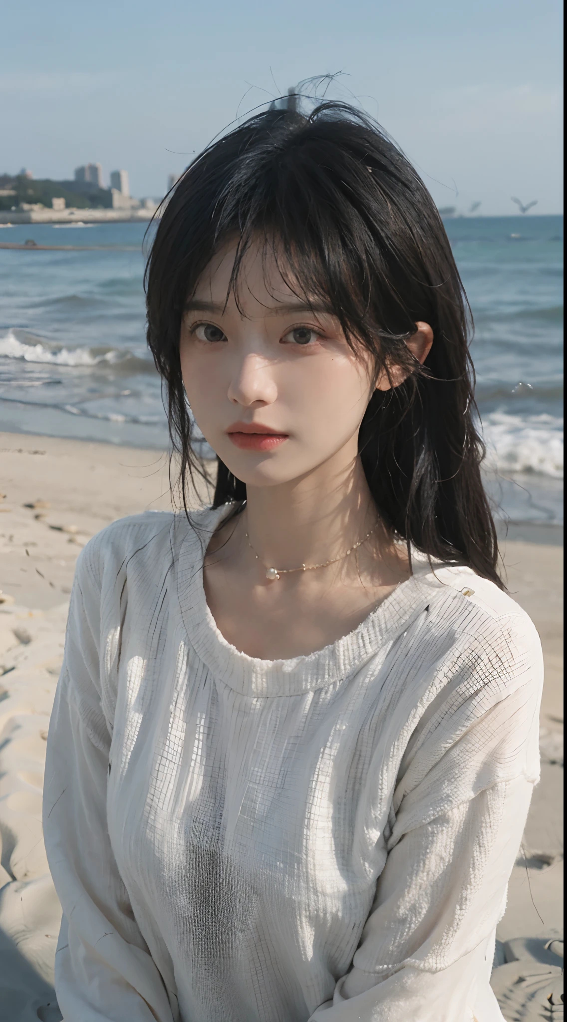 best qualtiy, 超高分辨率, (realisticlying:1.4),cute hairpin,1girll,Red long-haired,Six-point sweater ,Beautiful woman with a slim figure:1.4, Pronounced abs,On the sandy beach,Ultra-fine face,Elaborate Eyes,二重まぶた,choker necklace