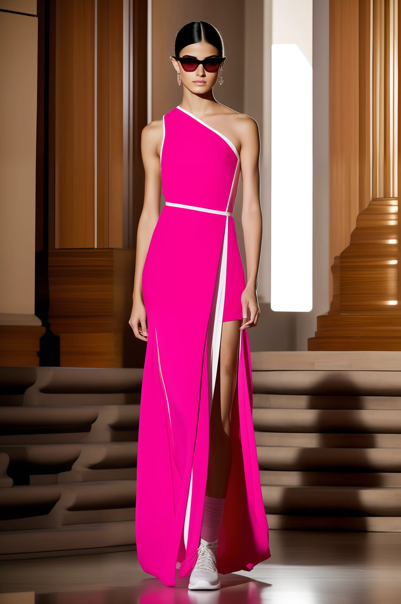 Sobre a cena, one model stands out as the embodiment of the fusion between Ancient Greece and the vibrant energy of modern electronic parties. Dressed in a contemporary interpretation of peplos, Ela usa um curto, draped dress that is made of a soft fabric, providing a sense of fluidity while capturing the night breeze. The dress is a tapestry of neos colors, where sparkling shades of intense pink intertwine with modern-inspired geometric patterns, criando um contraste ousado. The model exudes confidence and vivacity, with a realistic facial expression that conveys a harmonious blend of classical elegance and modernity. Your eyes are protected by futuristic sunglasses, cujas lentes espelhadas refletem a paisagem noturna repleta de luzes pulsantes. The frames of the glasses are stylized, adicionando um toque de vanguarda a todo o conjunto. Entretanto, It is on the feet that the modern touch is most evident: The model sports a pair of contemporary sneakers, Replacing traditional footwear with ancient Greek clothing. These sneakers combine comfort and style, highlighting the perfect harmony between classical and modern elements. His contemporary tunic reinterpreting the chiton is designed to allow for freedom of movement, com mangas largas e uma cintura marcada quase na altura do peito. The scene is an electronic party, with dancing lights and a lively crowd in the background, Capturing the intense energy of electronic music. mudar cenario
