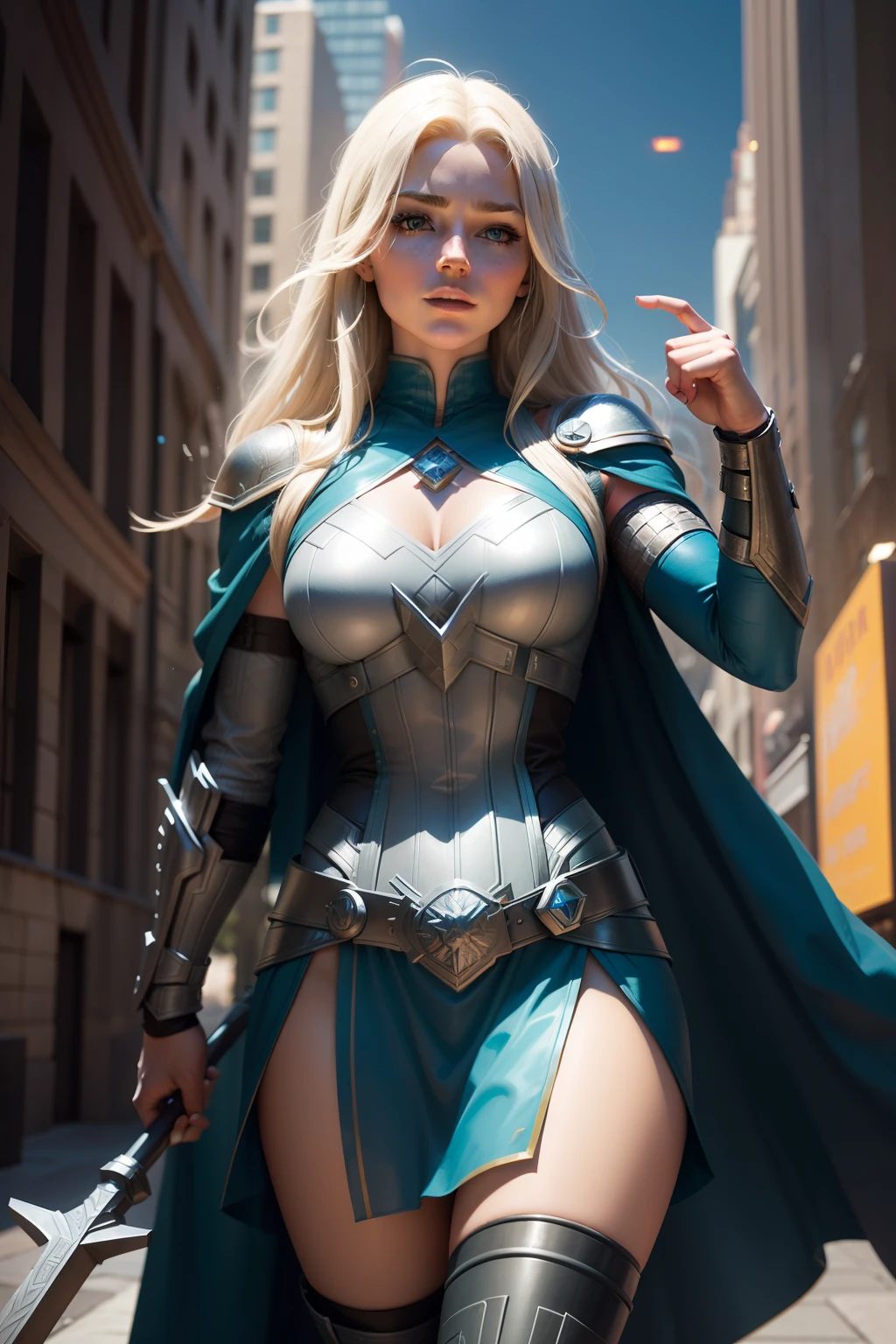 mighty hammer Mjolnir, New York, square of time, Girl Thor, also known as Tarene, is a character from Marvel Comics. She is an Asgardian goddess from Marvel mythology and possesses powers similar to Thor's, wielding the hammer Mjolnir, including thunder manipulation and superhuman strength. Tarene is an ally of the New Warriors and the Avengers, recognized by her caped, Thor-inspired costume. Her journey takes her exploring her divine and mortal identity, facing cosmic challenges. Her compassionate personality and desire to do good set her apart, contributing to the richness of the Marvel universe.