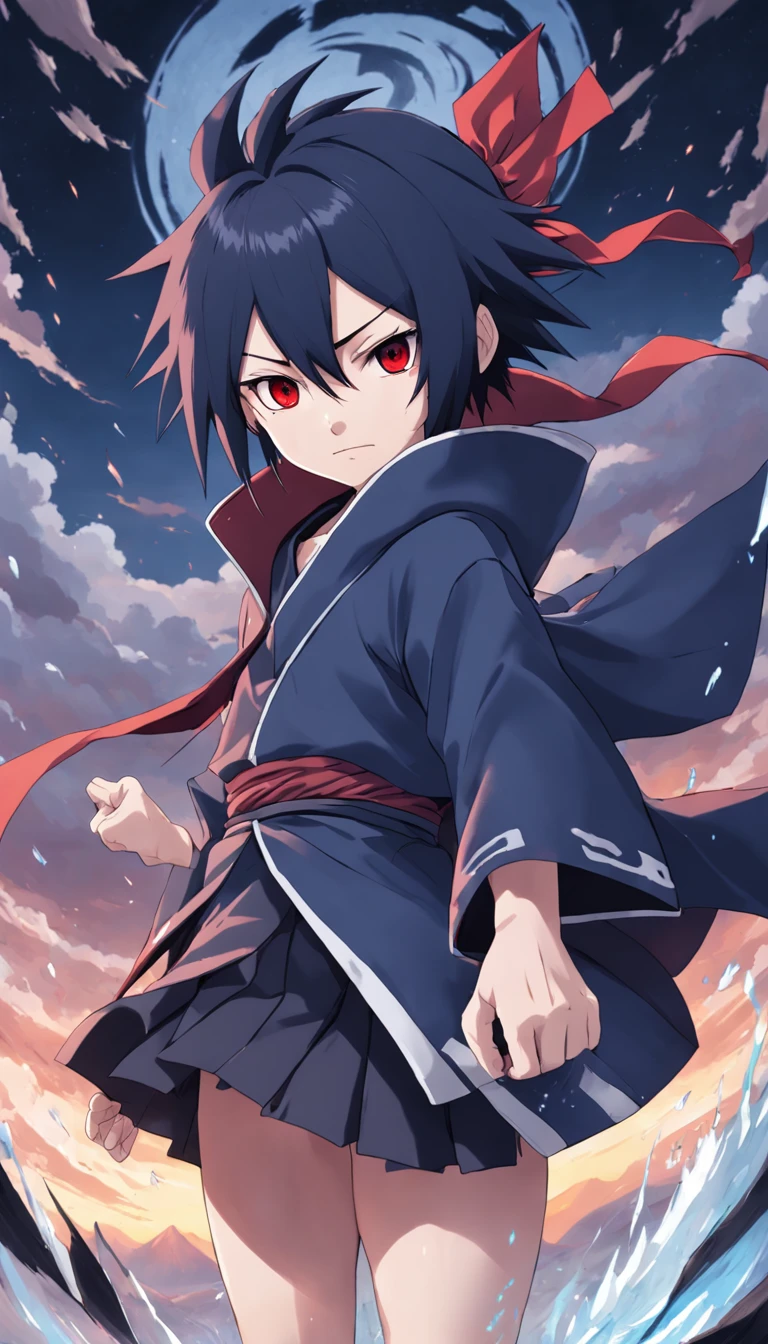 Sasuke uchiha , Sharingan , Sasuke adulto , roupas estilo Akatsuki , (( imagem sem deformidades )) , Scenario with destruction , estilo anime , melhor qualidade , best resolution , obra prima