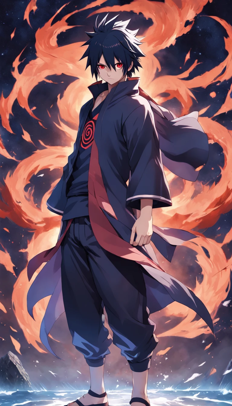 Sasuke uchiha , Sharingan , Sasuke adulto , roupas estilo Akatsuki , (( imagem sem deformidades )) , Scenario with destruction , estilo anime , melhor qualidade , best resolution , obra prima