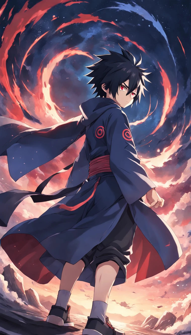 Sasuke uchiha , Sharingan , Sasuke adulto , roupas estilo Akatsuki , (( imagem sem deformidades )) , Scenario with destruction , estilo anime , melhor qualidade , best resolution , obra prima