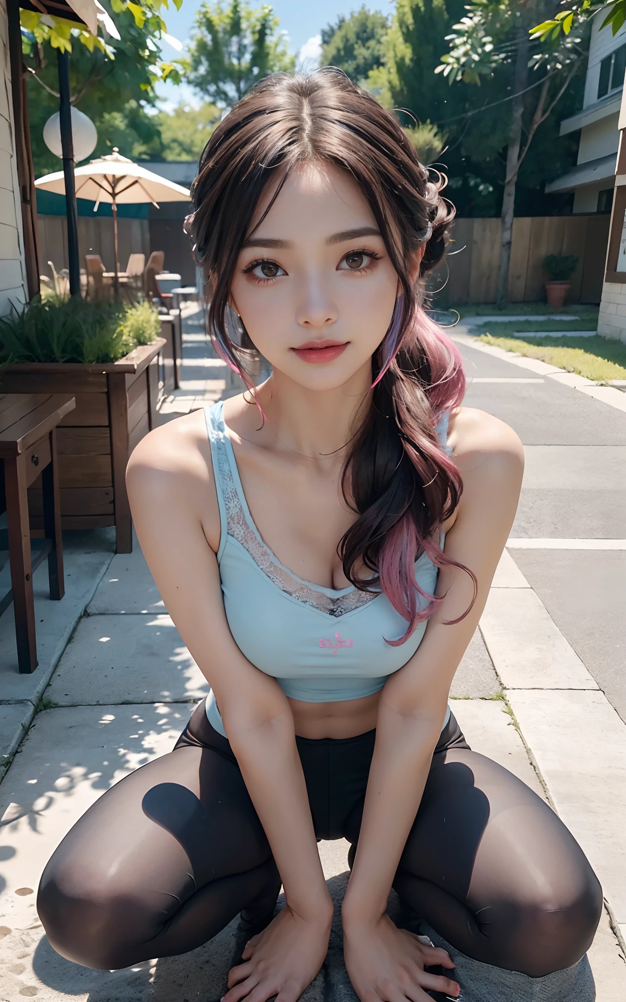 (Big breasts, 18 years old, Very small head), Daylight, Sunlight, (Perfect body : 1.1), (short wavy hair:1.2, dark brown hair, Pink and blue mesh hair, Thin mesh, half updo), ((Full body shot)), (sports wear), (Very detailed CG 8k wallpaper), (extremely delicate and beautiful), (masutepiece), (Best Quality:1.0), (超A high resolution:1.0), (realisitic), Realistic Shadows, (High resolution), Detailed skin, Ultra-detailed, Slim body, (Beautiful hair, Real Hair, detailed hairs), Fine Collarbone, blush, Photorealistic, Realistic face, Realistic eyes, Small eyes, Happy smile, (((Colorful))), (eye liner), (mascara), (eye shadow),