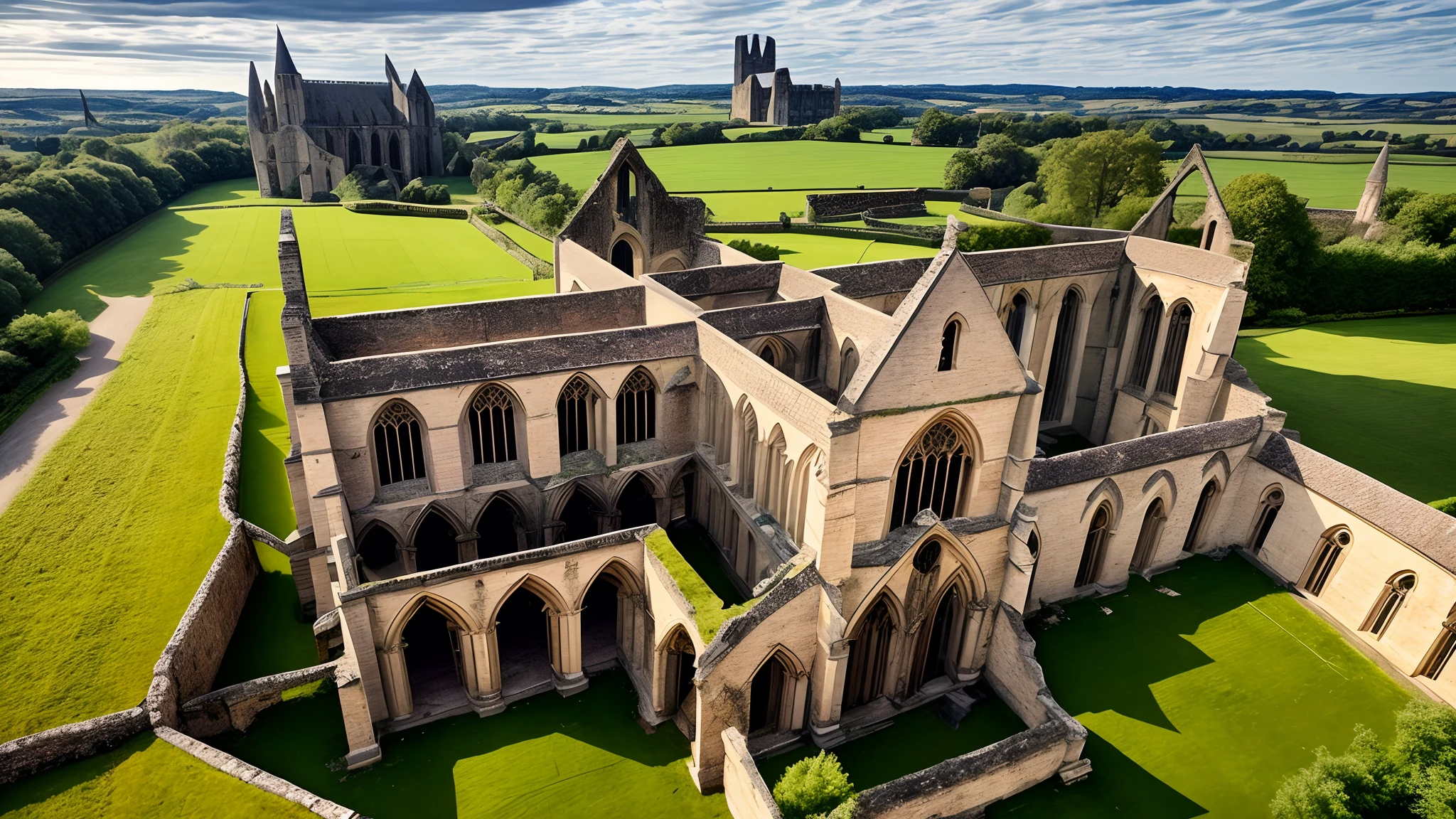 Revive the 300-year-old abbey to its pristine glory, showcasing the authentic architectural elements such as intricate roof details, precise door designs, and historically accurate windows." Arafed view of a large building with a green field in front of it, seen from above, ruined medieval architecture, old abbey in the background, inside a ruined abbey, shot from drone, a stunning masterpiece, drone photograph, aerial, cathedrals and abbeys, aerial shot from the drone, photograph from above, aerial footage, viewed from above