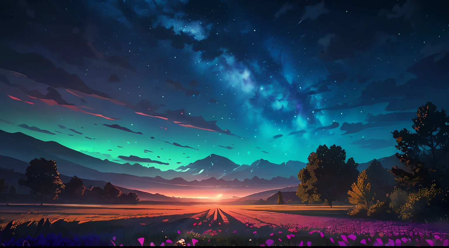 A painting of a field with flowers and a sky full of stars - SeaArt AI