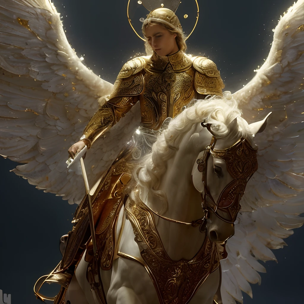 (((SAINT MICHAEL THE ARCHANGEL on a horse. 19 years old))) ((( Con una cara seria y piadosa. Con una mirada dulce y tierna))) (obra maestra, calidad superior, mejor calidad, arte oficial, beautiful and aesthetic: 1.2), (1girl), extremadamente detallado, (Arte fractal: 1.3), colorido, highest detailed, Cara perfecta, parte superior del cuerpo, HDR, (orando: 1.3), (golden lines of white coat: 1.2), galaxia, (rayas de luz), eye-catching visuals, (dynamic stripes, senderos luminosos: 1.2), colores vibrantes,